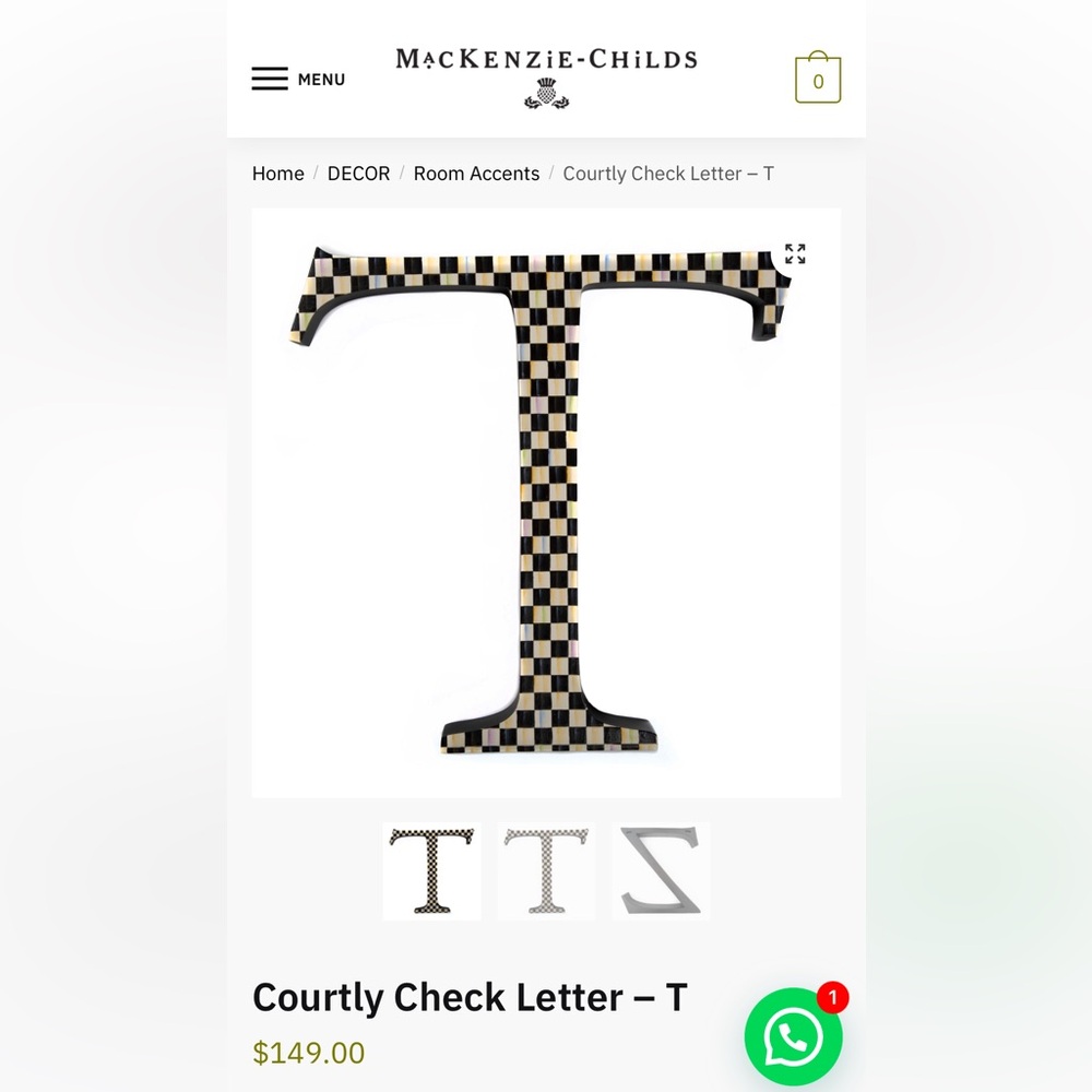 Mackenzie Childs Courtly Check Letter - T